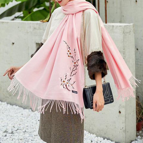 Women Winter Cashmere-Like Plum Embroidery Tassel Ethnic Elegant Scarf Shawl