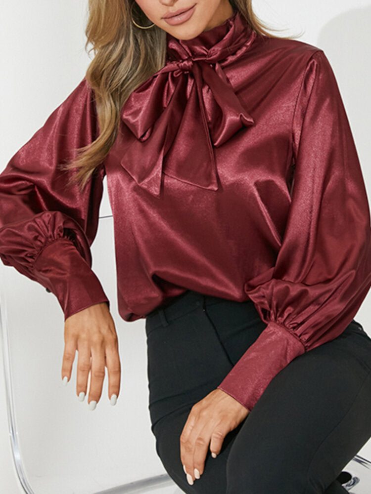 Long Sleeve Stand Collar Casual Leisure Solid Blouse For Women