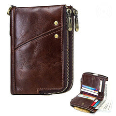 Men RFID Antimagnetic Wallet Genuine Leather 12 Card Slots Vintage Double Zipper Coin Bag