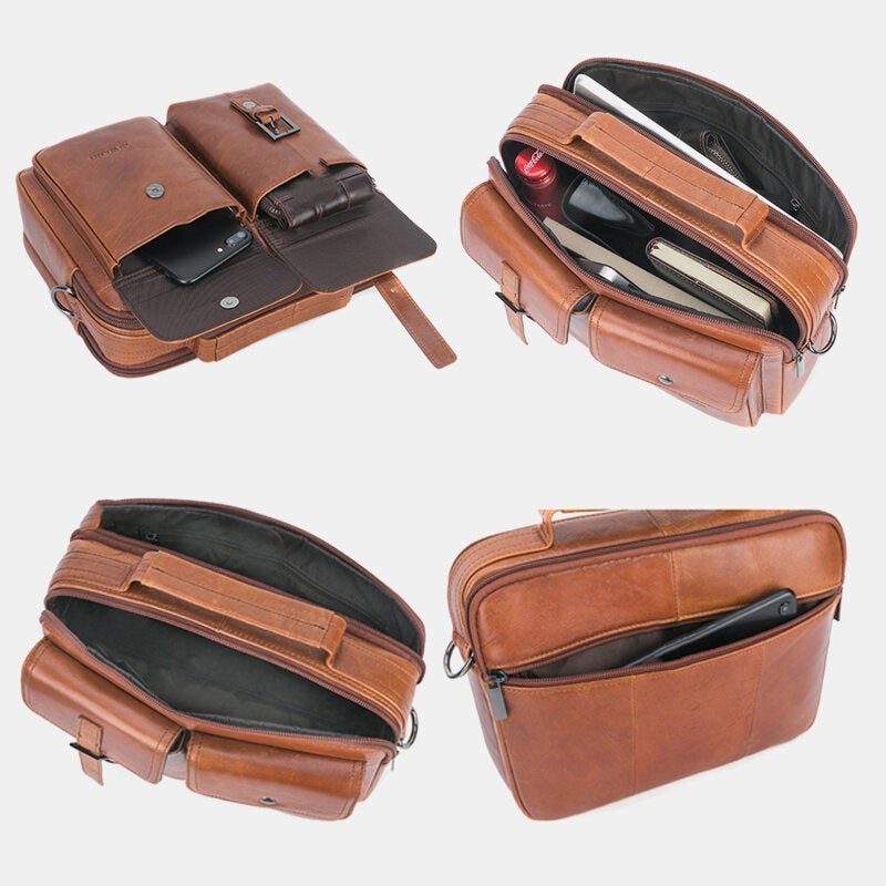 Men Genuine Leather Multi-function Retro Large Capacity Handbag Shoulder Bag Cross Body