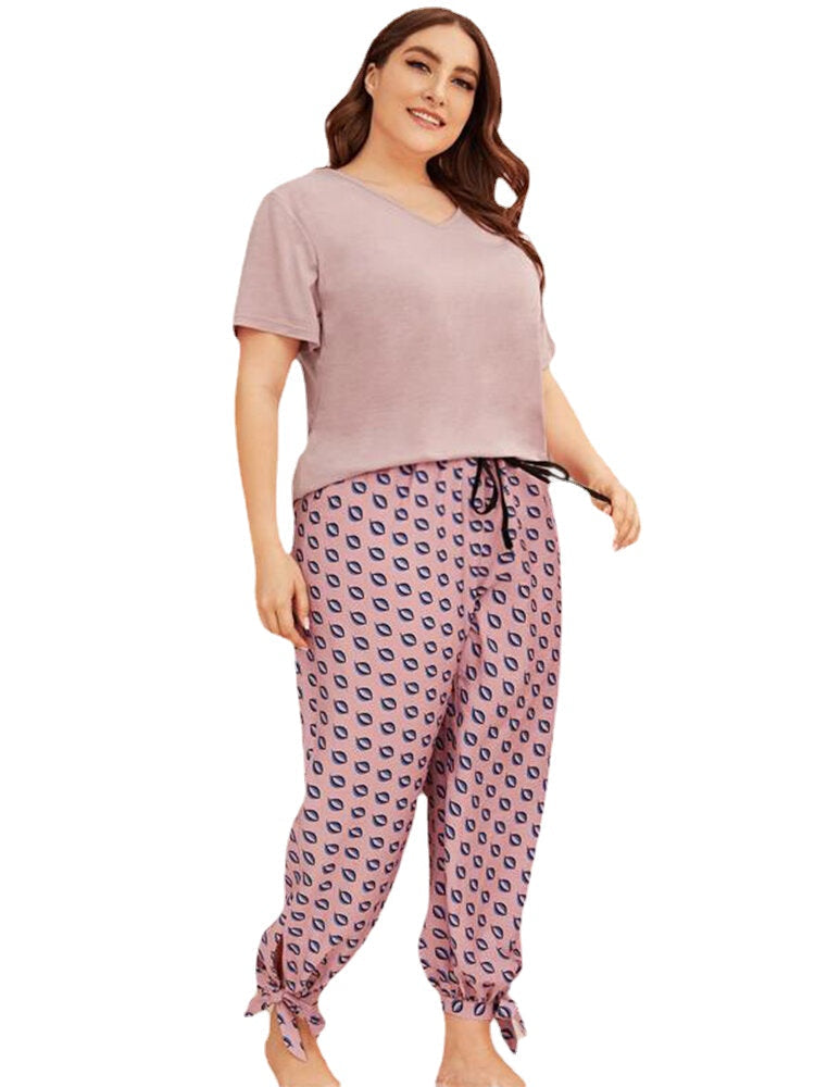 Plus Size Women Solid Color V-Neck Top Print Drawstrig Tie Beam Feet Long Pants Home Pajama Sets