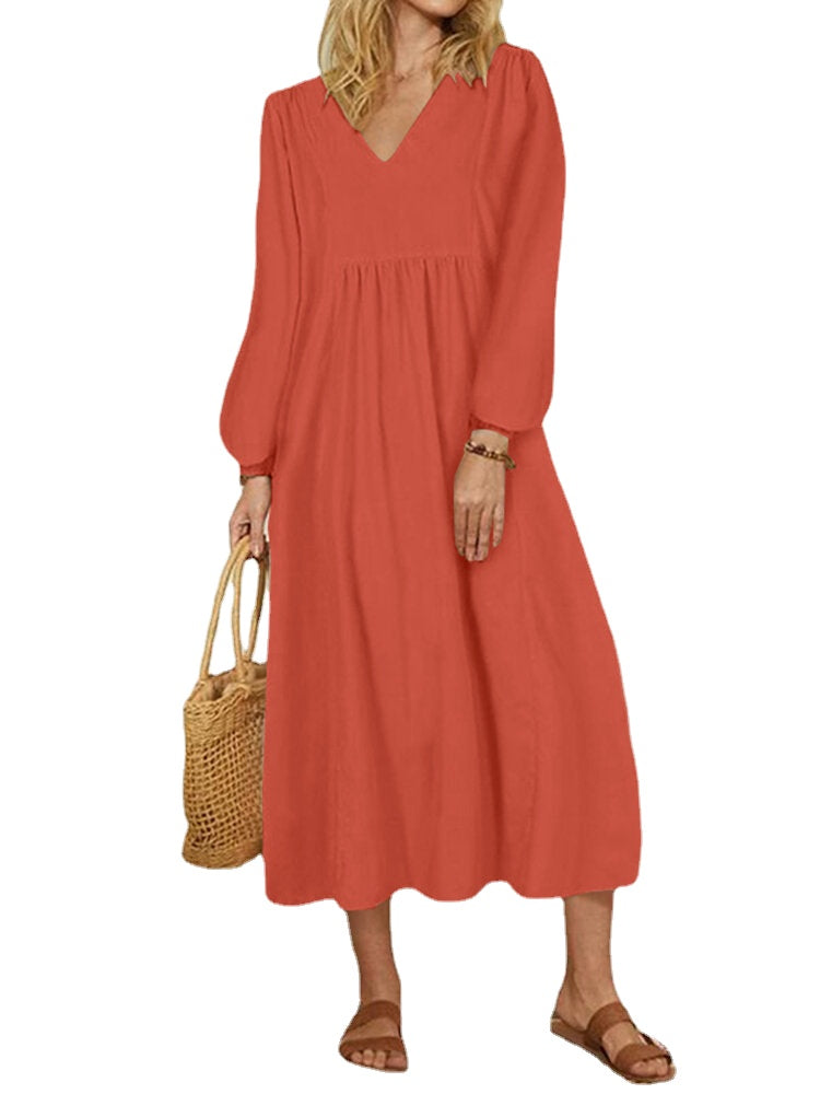 Women Puff Sleeve Spliced Solid Color Pleating V-Neck Calf Length Casual Midi Dresses