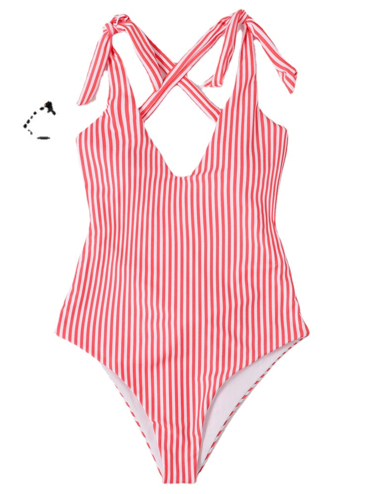 Women Pinstripe Criss Cross Back Cute Bow Shoulder One Piece Slimming Swimsuit