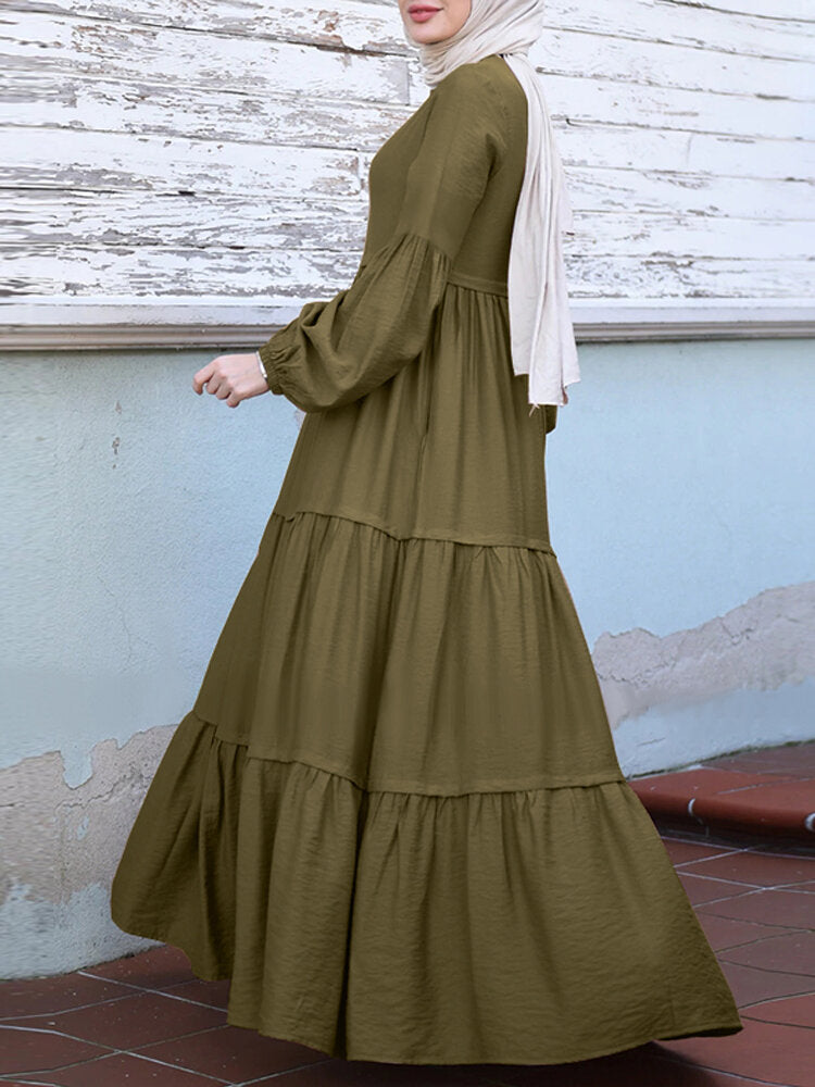 Women Layered Pleats Solid Color Puff Casual Long Sleeve Bohemian Maxi Dress