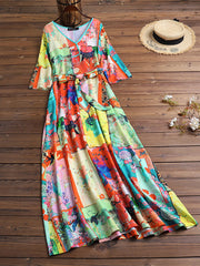 Women Colorful Print V-Neck Long Sleeve Belted Vintage Maxi Dress