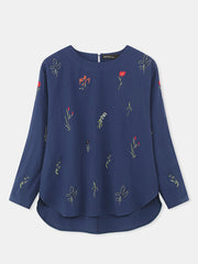 Plant Print Embroidery Split Hem Cotton Long Sleeve Casual Blouse