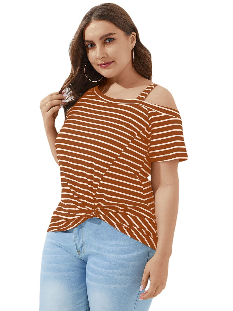 Plus Size Twist Striped Cold Shoulder Short Sleeve Casual Wild T-shirts