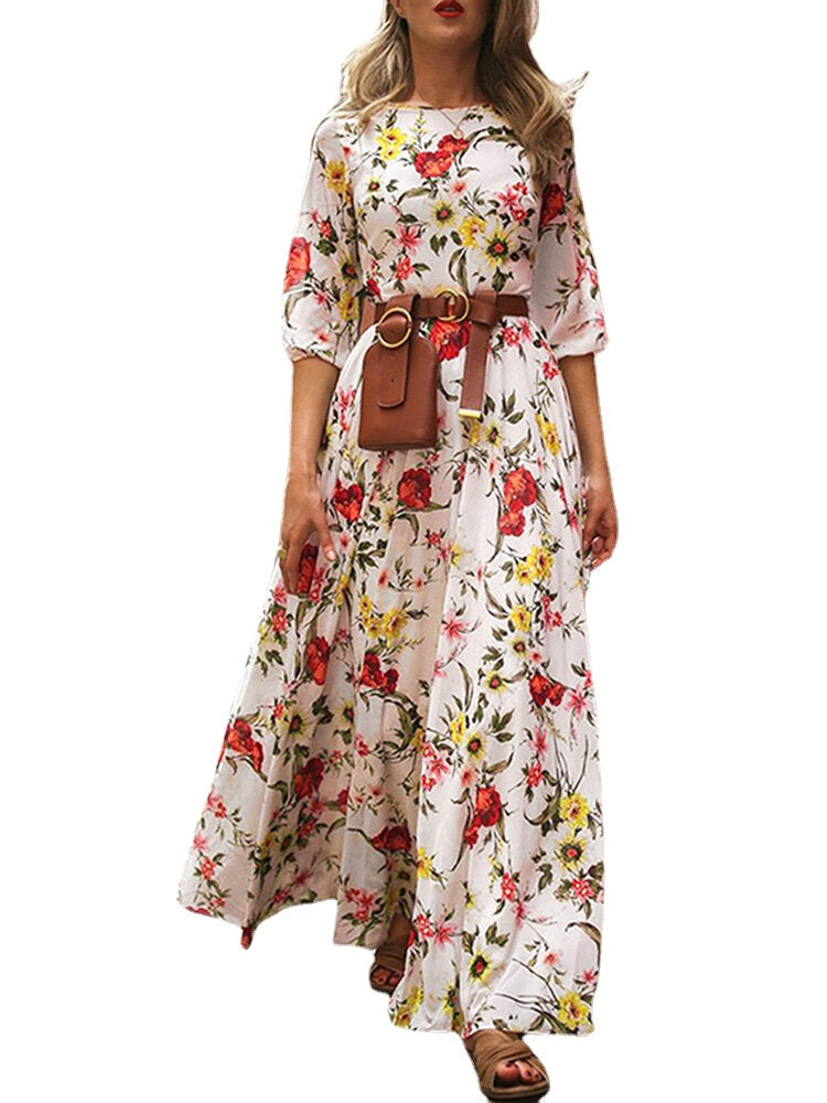 Flower Print Lantern Sleeve Back-Zip Round Neck Maxi Dress