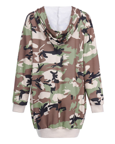 Long Sleeve Hooded Loose Pocket Pullover Camouflage Print Hoodie Dress
