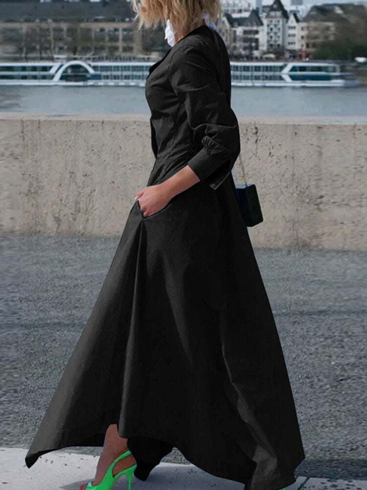 Solid Color V-neck Back Zipper Long Sleeve Pleating Maxi Shirt Dress