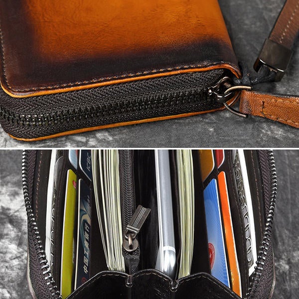 Men Genuine Leather Long Zipper Phone bag Wallet