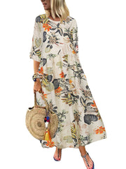 Women Retro Floral Printed Round Neck Three Quarter Sleeve Pleated Maxi Dresses