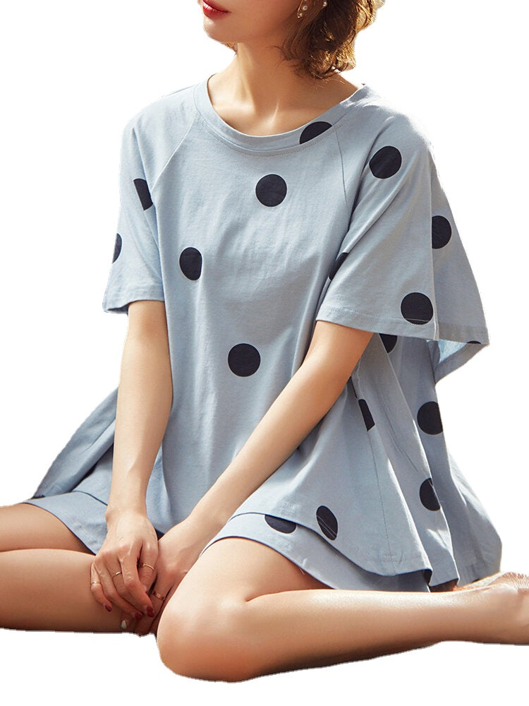 Women Polka Dot Print Round Neck Short Sleeve Shorts Casual Pajama Sets