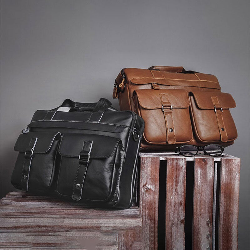 Men Cowhide Super Large Capacity Multi-pocket Crossbody Bags Briefcase Retro 14 Inch Laptop Messenger Bag Handbag Shoulder