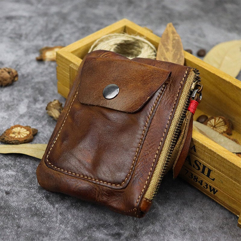 Men Genuine Leather Vegetable Tanned Thin Zipper Wallet Fold Large Capacity Card Holder Money Clip Coin Purse