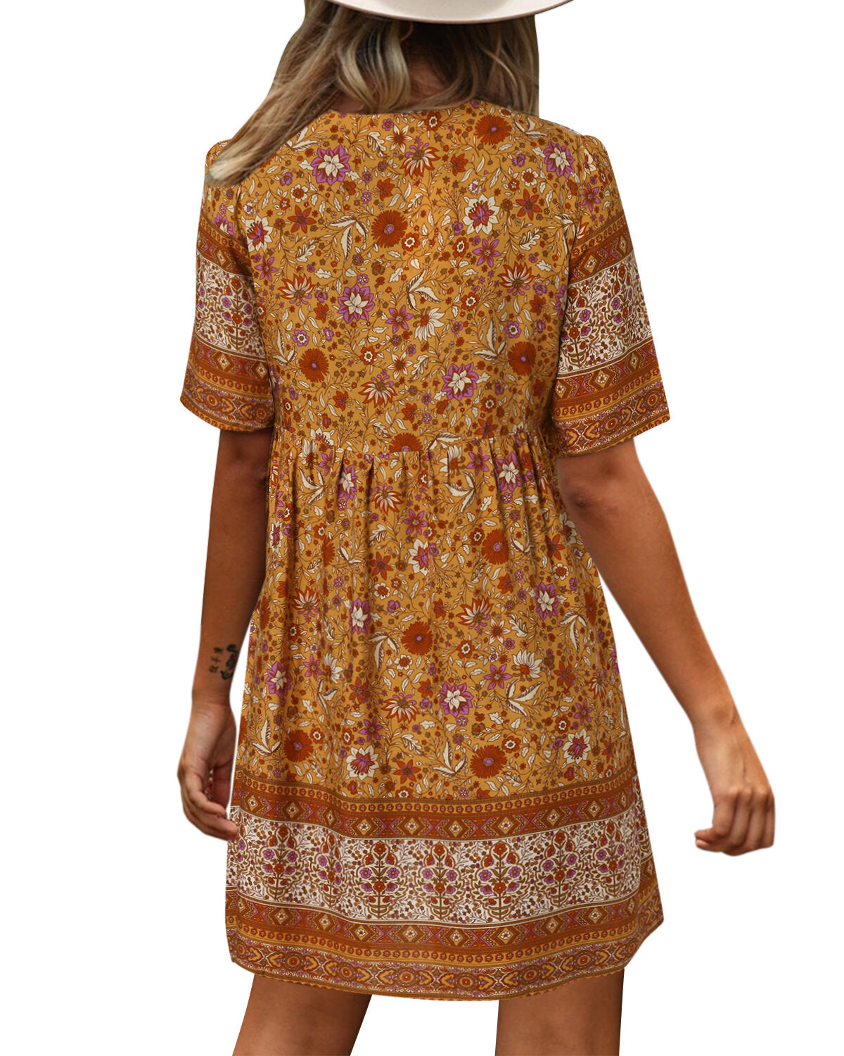 Bohemian Floral Print V-neck Short Sleeve Mini Dress