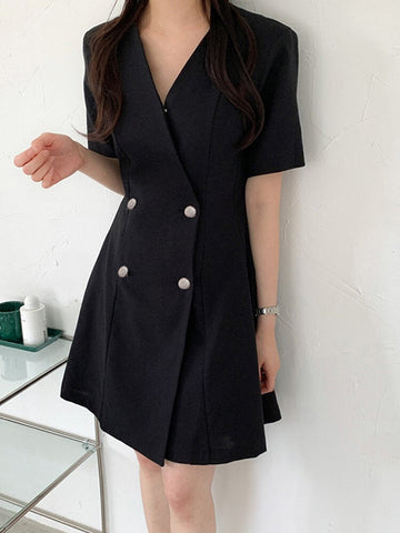 Cotton Solid Button Ruched V Neck Short Sleeve Midi Dress