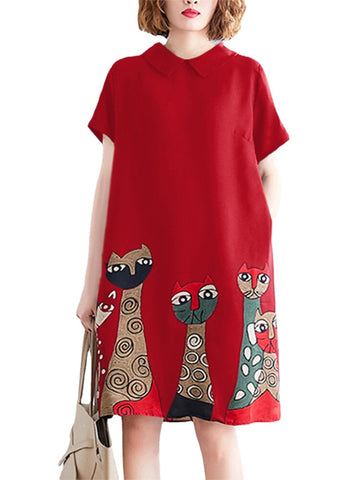 Short Sleeve Lapel Loose Back Button Animal Printed Dress For Women