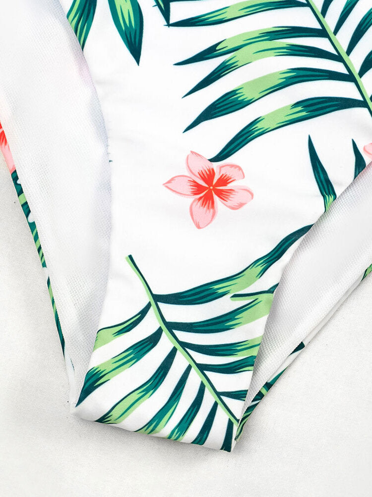 Contrast Leaf Print Lace Up Wide Straps Green One Piece Summer Hawaii Swimsuit