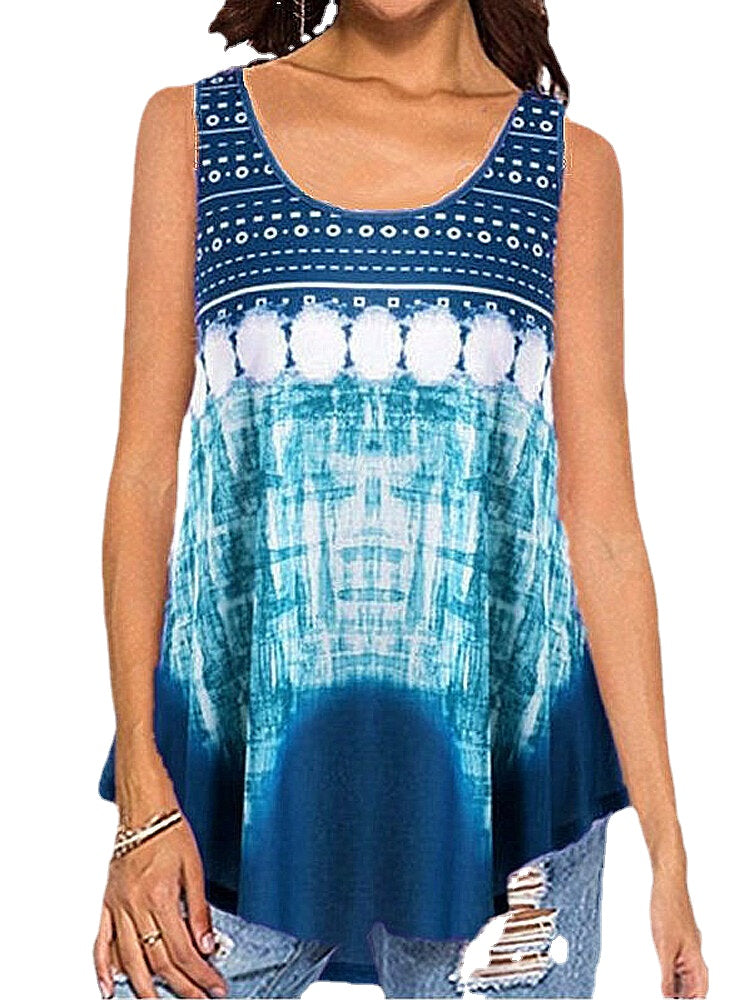 Women Vintage Print Tie-dye Irregular Hem Summer Sleeveless Tank Top