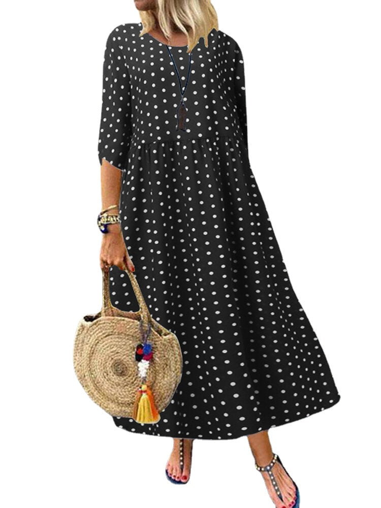 Women Loose O-neck Polka Dot 3/4 Sleeve Maxi Dress