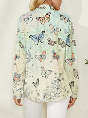 Butterfly Print Lapel Collar Long Sleeve Casual Shirt For Women