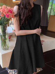 Women Cotton Solid Color Round Neck Sleeveless Casual Midi Dress