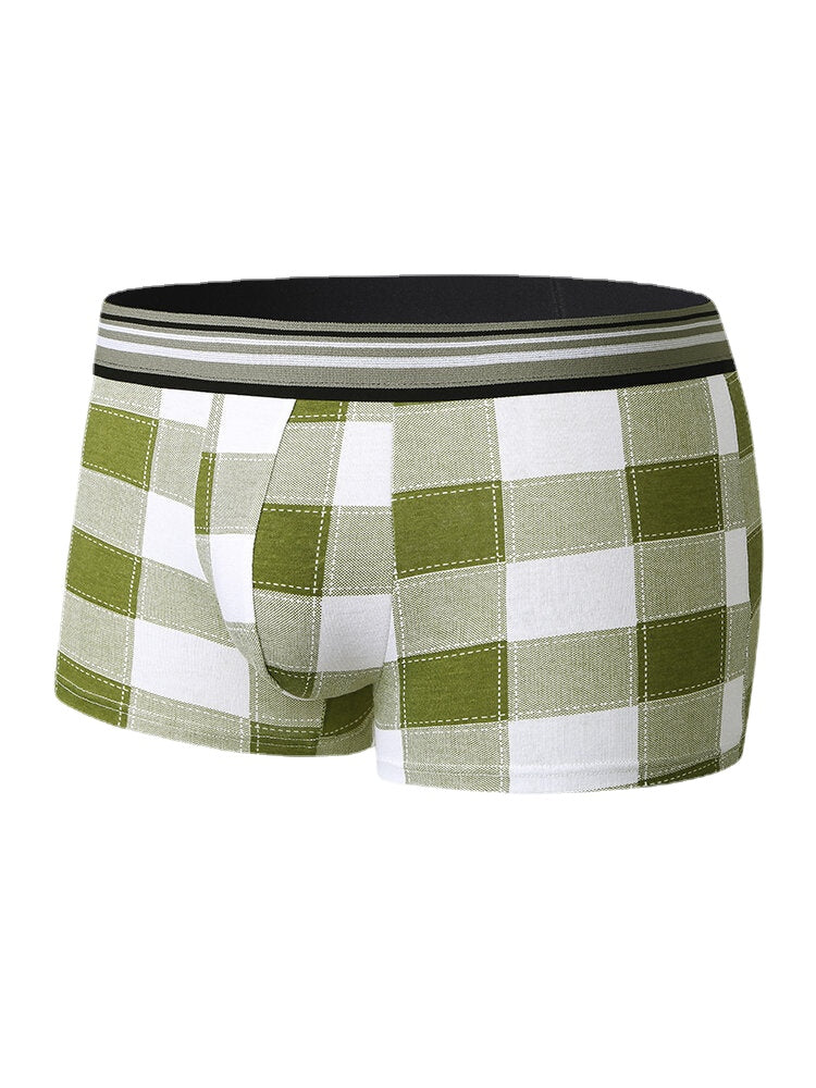 Mens Cotton Classical Plaid Print Home Breathable Mid Waist Boxers