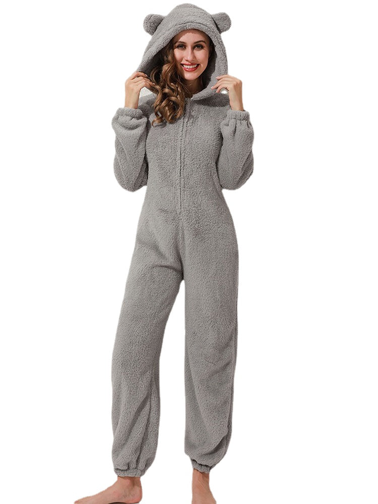 Women Fluffy Plush Zipper Cute Hooded Home Long Sleeve Warm Sleepwear Jumpsuits