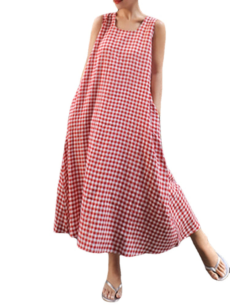 Women Casual Sleeveless Plaid Side Pocket Loose Maxi Dress