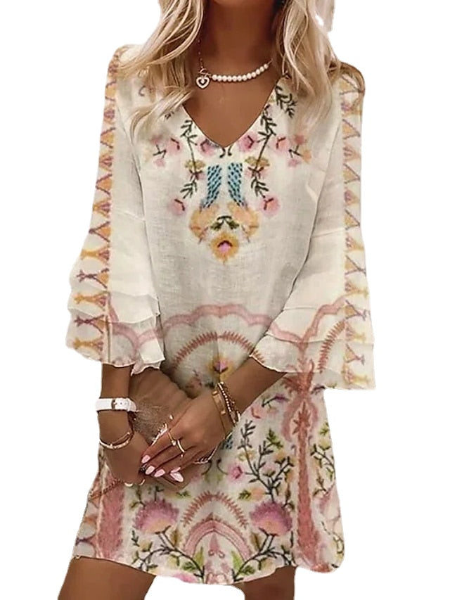 Women's Casual Dress Mini Dress Beige 3/4 Length Sleeve Floral Ruched Summer Spring V Neck Casual