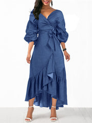 Women Denim Irregular Ruffle Hem Puff Sleeve Belted V-Neck Midi Dress