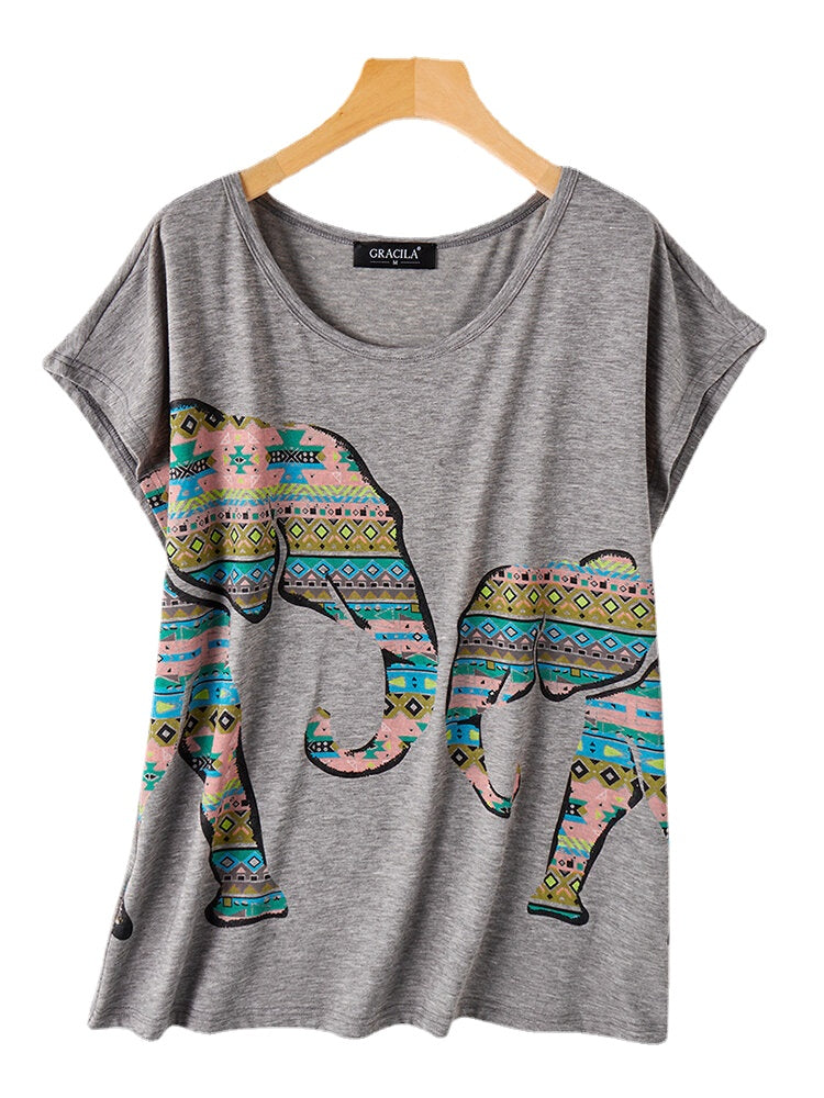 Elephant Print O-neck Short Sleeve Women Casual T-shirts