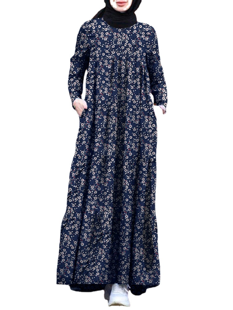 Women Floral Print Tiered Dress O-Neck Casual MaxiDress With Side Pocket