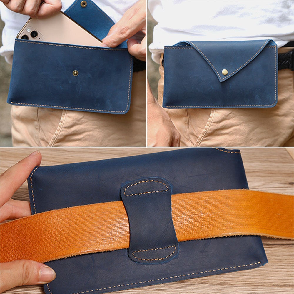 Men Horizontal Envelope-shape Belt Bag Retro Casual Sport 6.5 Inch Phone Cowhide Waist