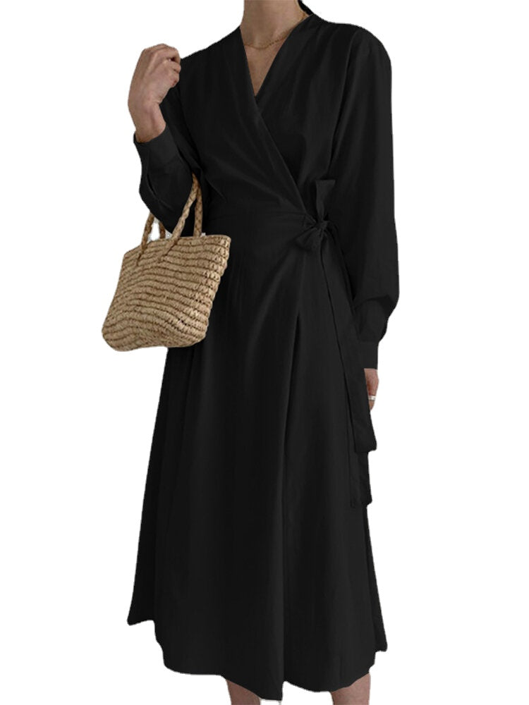 Women Puff Sleeve Solid Color Lace-Up ButtonCuffs V-Neck Calf Length Long Sleeve Midi Dresses