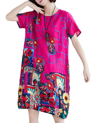 Geometric Floral Pocket Round Neck Short Sleeve Casual Midi Dress