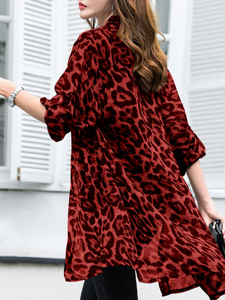 Long Sleeve Thin Light Chiffon Leopard Leisure Cardigan For Women