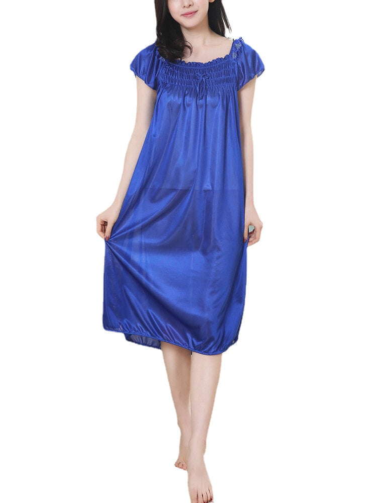 Women Solid Color Short Sleeve Smooth Home Nightgown