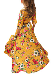 Flower Print Lantern Sleeve Back-Zip Round Neck Maxi Dress