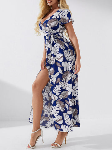 High Slit Tropical Print Belted Wrap V-neck Short Sleeves Maxi Dress