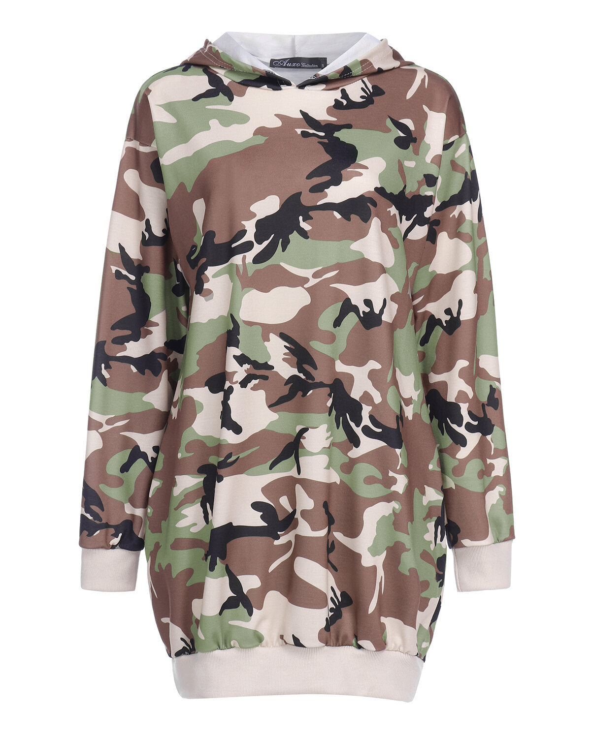 Long Sleeve Hooded Loose Pocket Pullover Camouflage Print Hoodie Dress