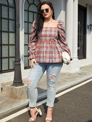 Plus Size Square Neck Plaid Shirring Long Sleeves Blouse