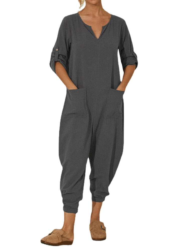 Solid Color Long Sleeve Notched Collar Pocket Loose Jumpsuit For Women