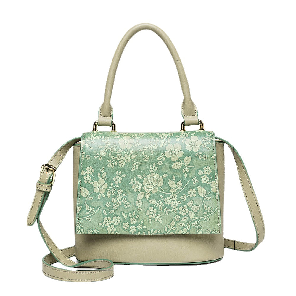 Women Vintage Genuine Leather Floral Handbag Crossbody Bag Shoulder