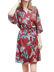 Plus Size Women Floral Print Half Sleeve Faux Silk Smooth Sleepwear Robes