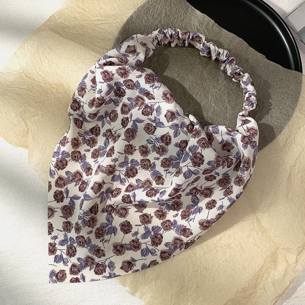Women Chiffon Floral Pattern Elastic Square Scarf Fashion Triangle Scarf Headband Headscarf Headwear