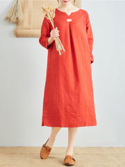 Women Pure Color Cotton Linen V-Neck Long Sleeve Dress with Pockets