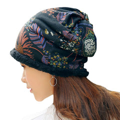 Women Warm Plus Velvet Thicken Beanie Hat Collar Cashmere Fashion Painting Hat