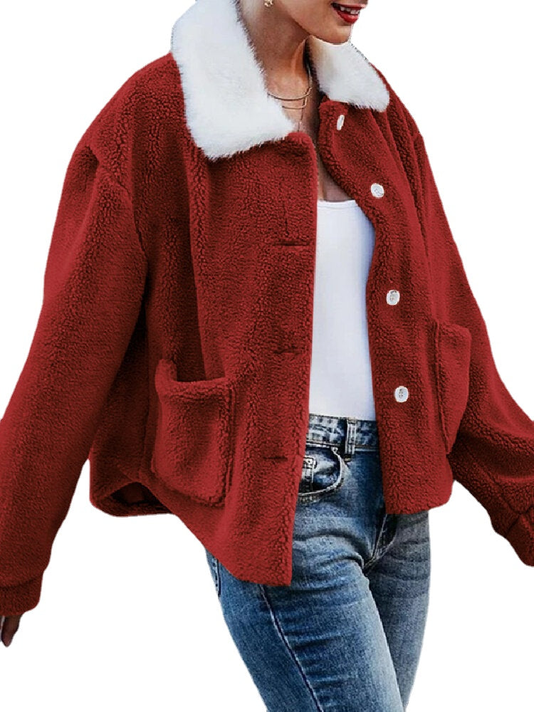 Women Solid Color Plush Borg Collar Warm Coat With Pocket